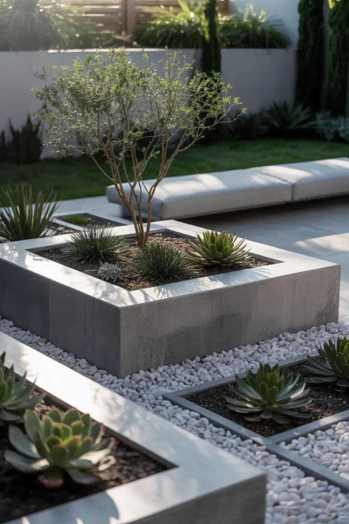 11. Create a Modern Planter with a Central Tree Using Modern Backyard Landscaping Ideas
