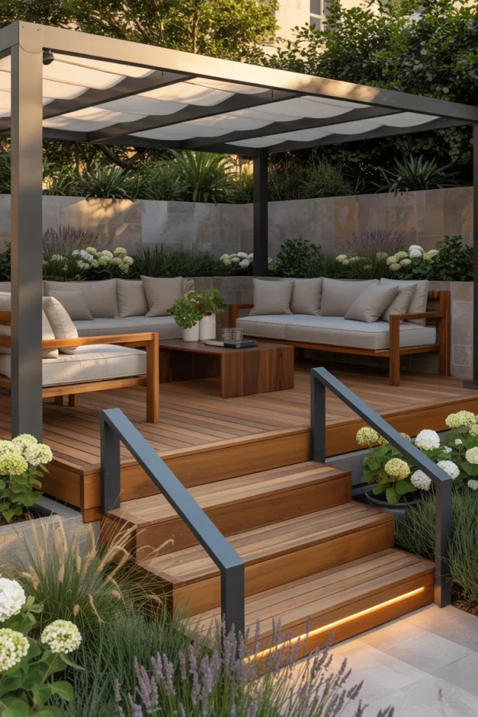 18. Elevated Deck with Shade Using Modern Backyard Landscaping Ideas