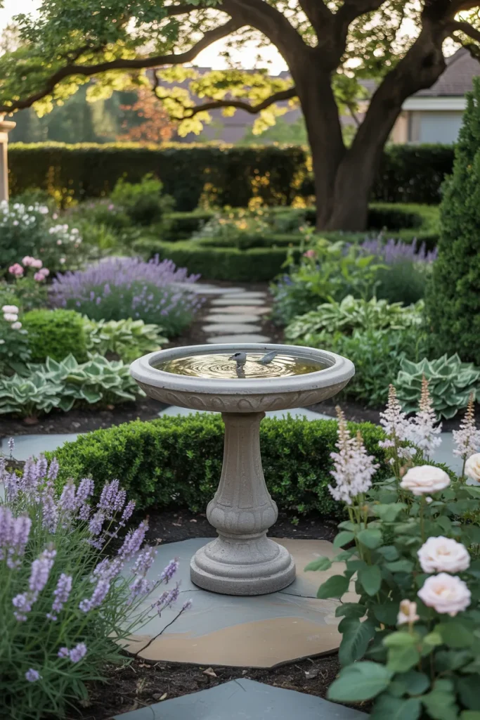 3. Add a Serene Centerpiece Like a Classic Birdbath with Modern Backyard Landscaping Ideas