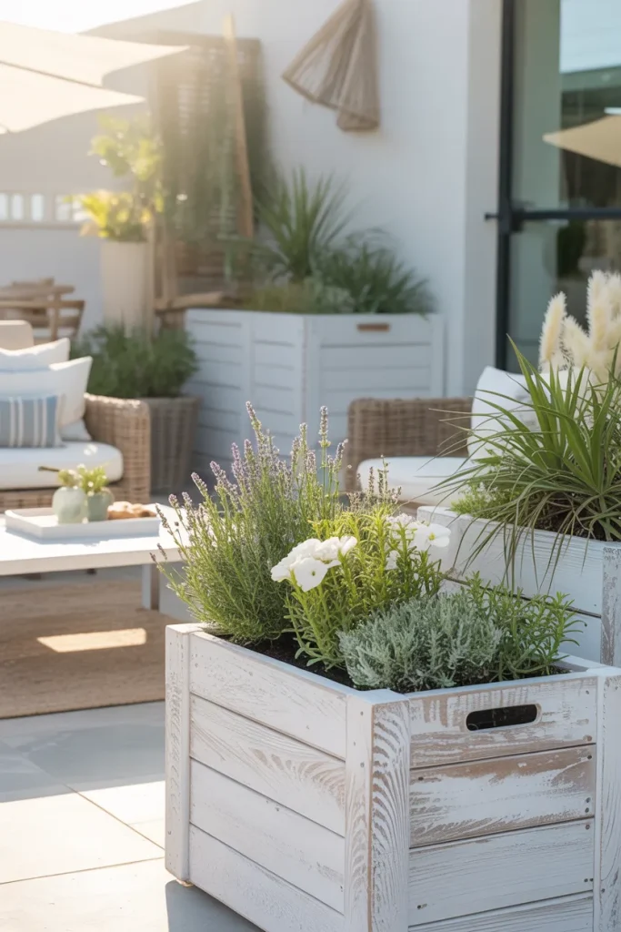 4. Whitewashed Coastal-Style Planter Boxes with Outdoor Planter Box Ideas