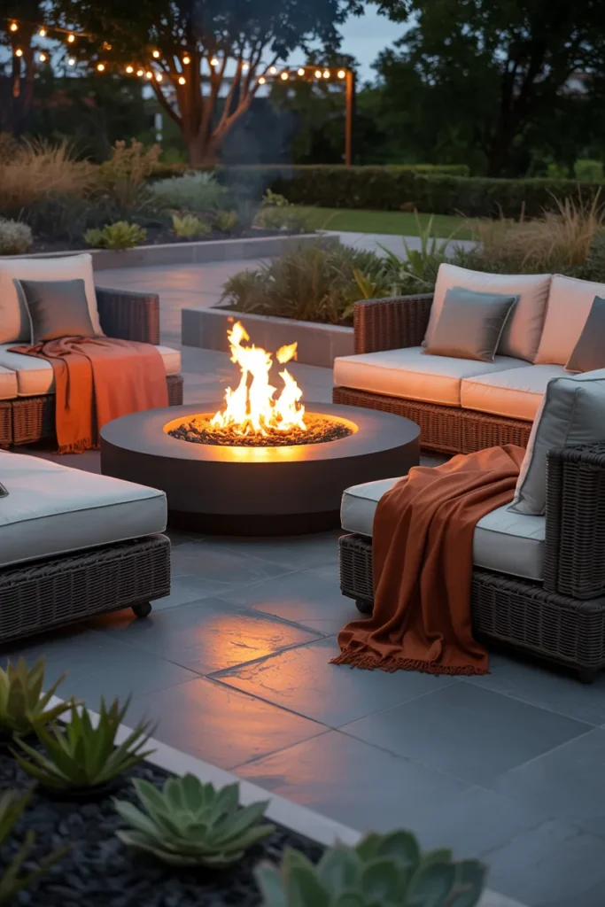 5. Create a Cozy Conversational Area Around a Fire Pit with Modern Backyard Landscaping Ideas