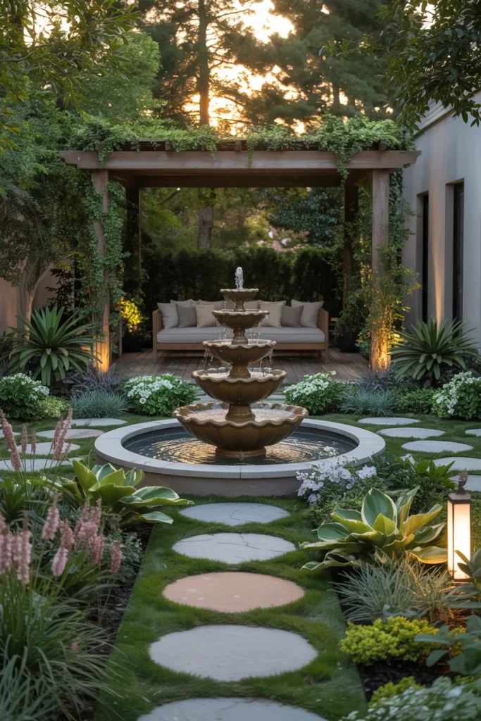 7. Design a Cascading Water Feature for a Calming Ambience with Modern Backyard Landscaping Ideas
