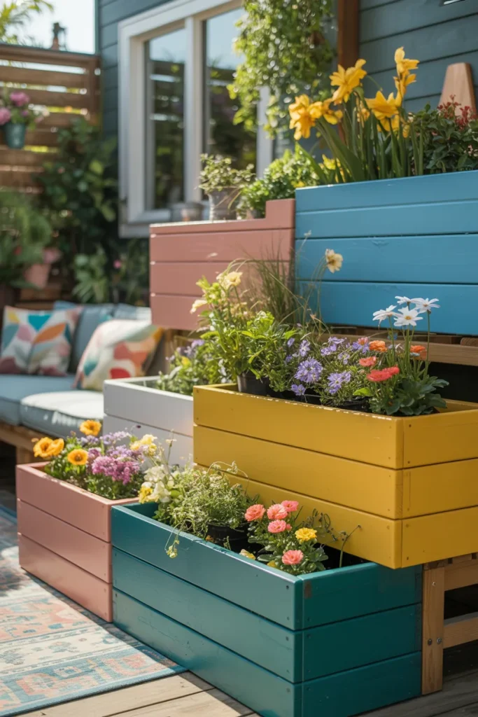 7. Painted Colorful Planter Boxes for Playfulness with Outdoor Planter Box Ideas