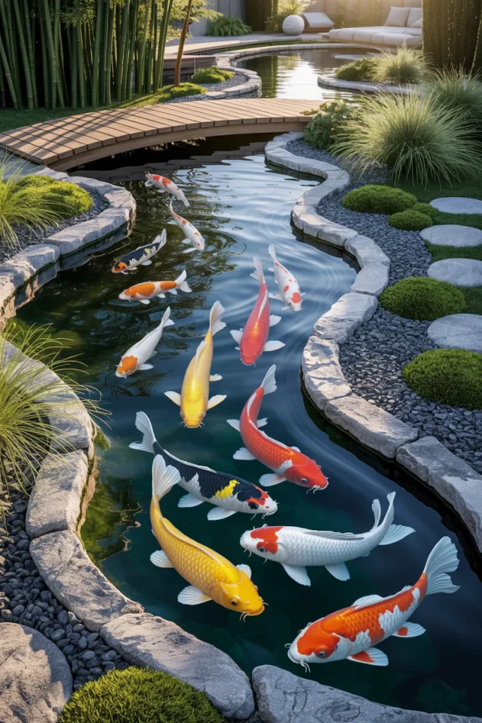 9. Craft a Japanese-Inspired Koi Pond with Modern Backyard Landscaping Ideas