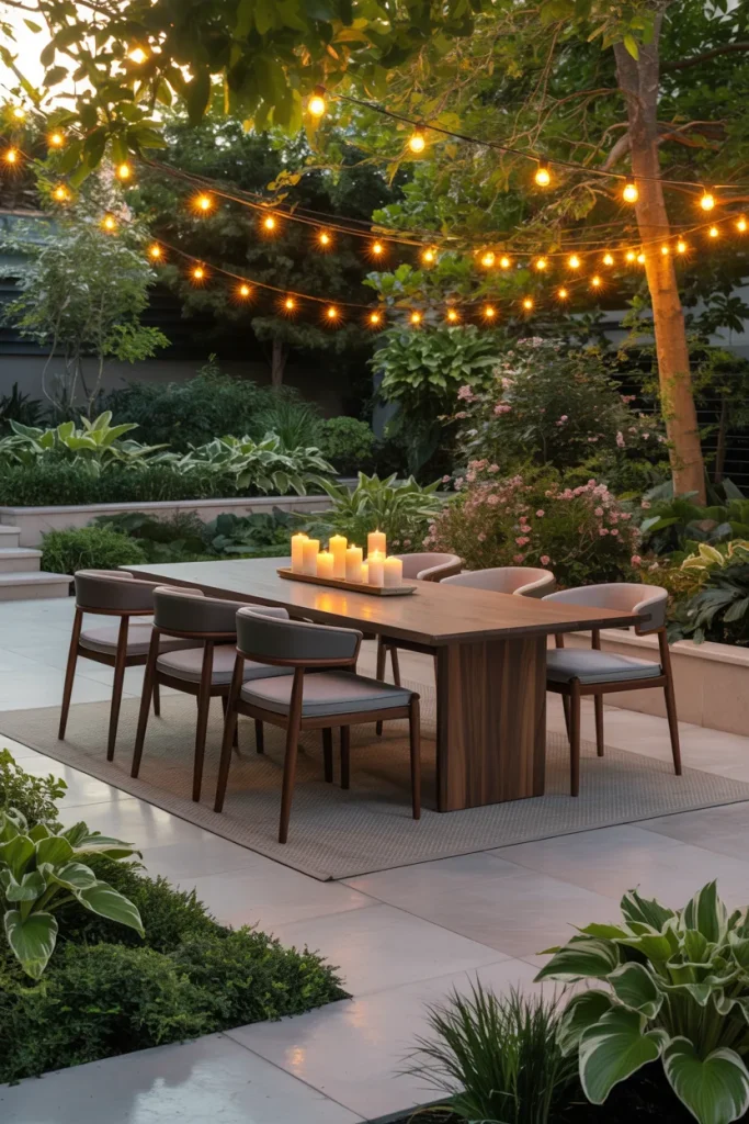 Design an Outdoor Dining Area with String Lights Using Modern Backyard Landscaping Ideas